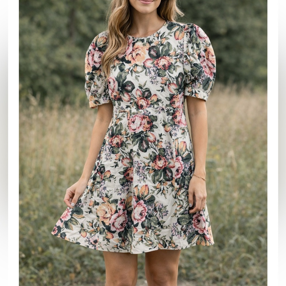 Olivaceous Floral Linen Mini Dress with Puff Sleeves